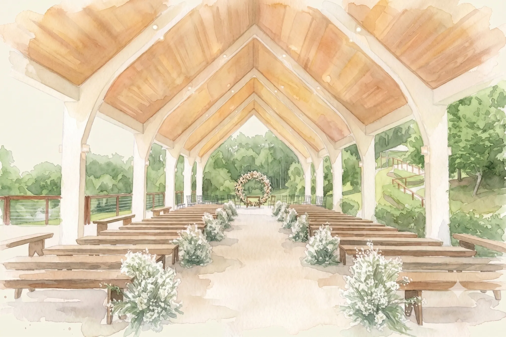 Ilustração em aquarela do pavilhão do Eco Espaço, com bancos de madeira, arranjos de flores brancas e uma arcada floral ao fundo